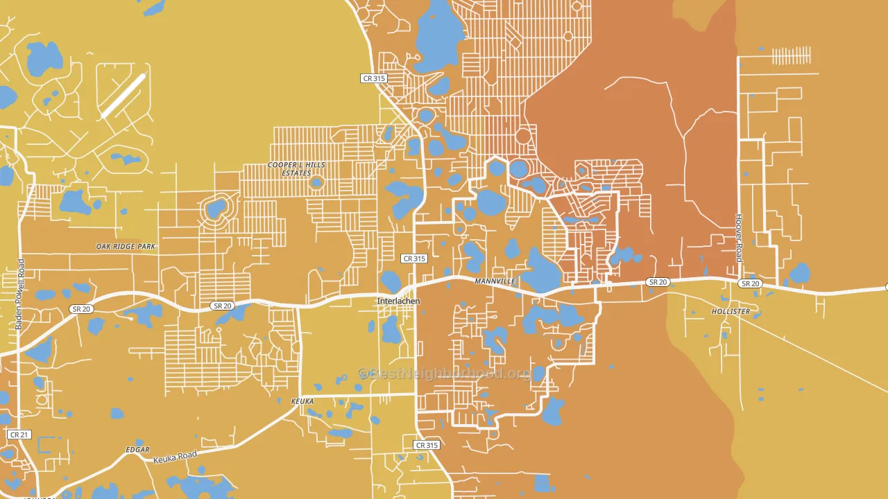 Map of the best neighborhoods in the 32148 area, with better matches in green and worse matches in red