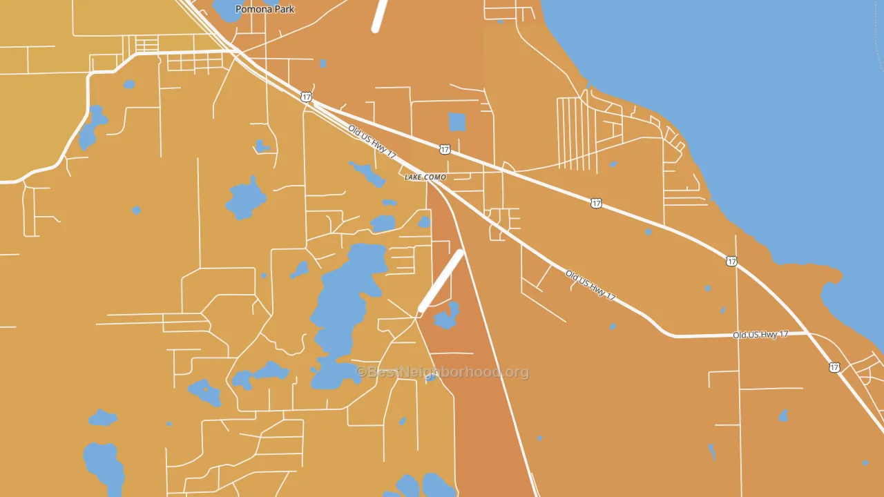 Map of the best neighborhoods in the 32157 area, with better matches in green and worse matches in red