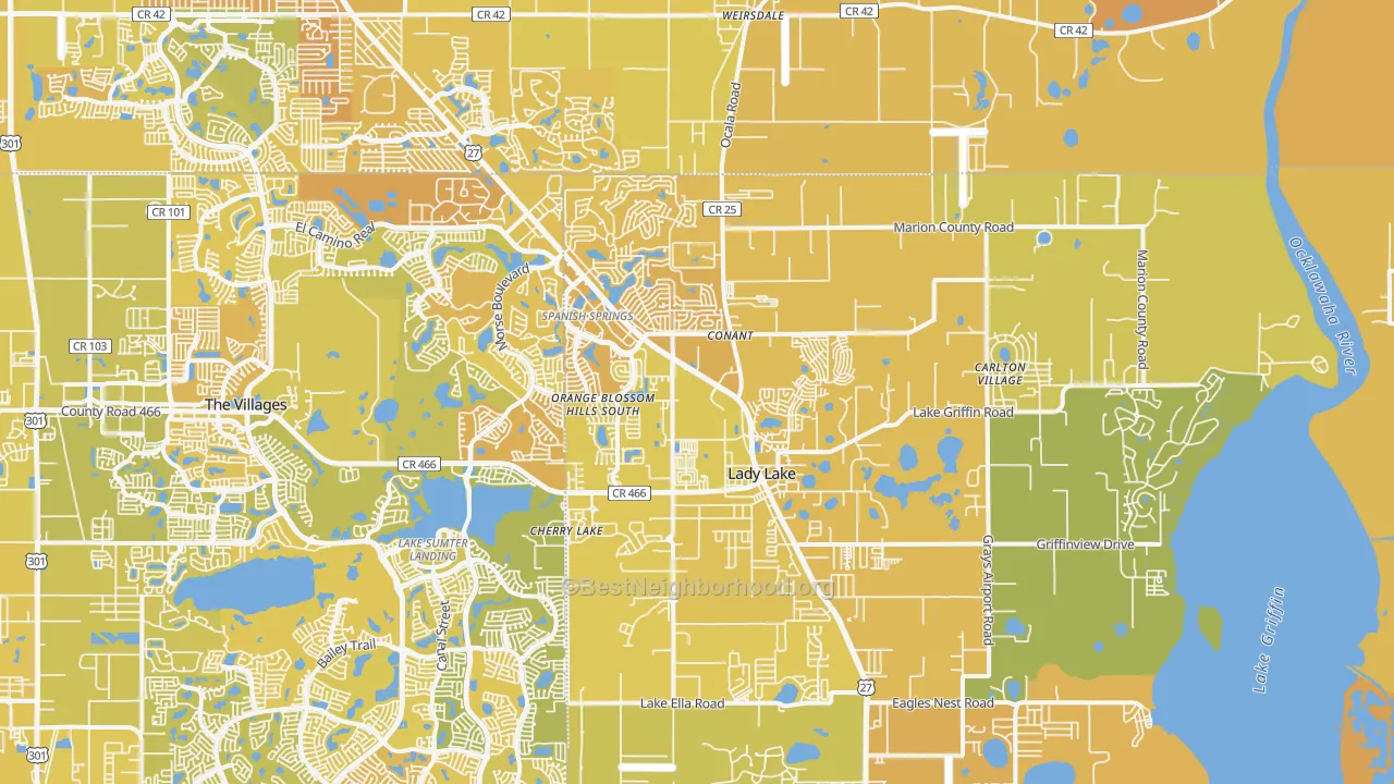 Map of the best neighborhoods in the 32159 area, with better matches in green and worse matches in red