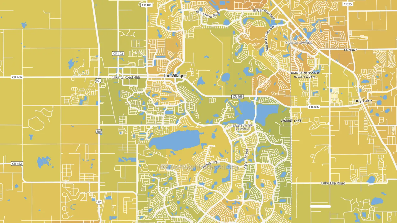 Map of the best neighborhoods in the 32162 area, with better matches in green and worse matches in red