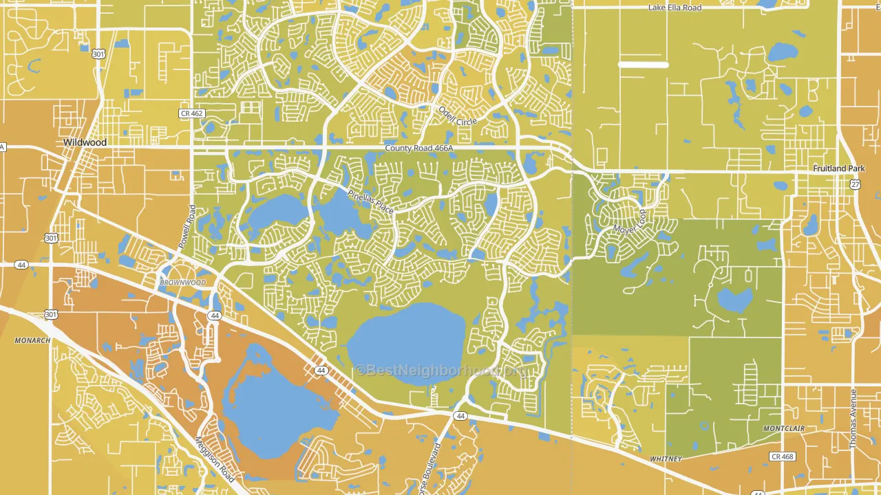 Map of the best neighborhoods in the 32163 area, with better matches in green and worse matches in red
