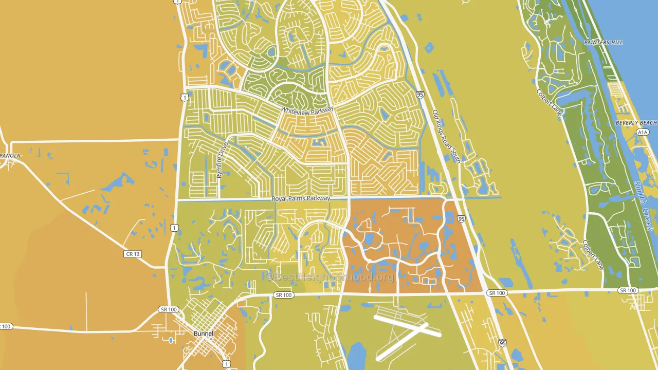 Map of the best neighborhoods in the 32164 area, with better matches in green and worse matches in red