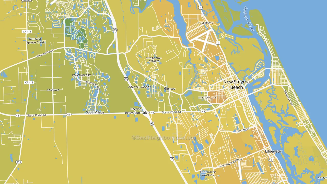 Map of the best neighborhoods in the 32168 area, with better matches in green and worse matches in red