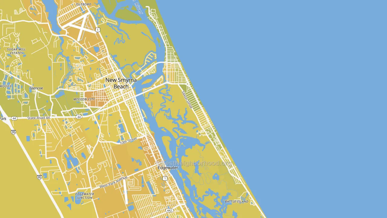 Map of the best neighborhoods in the 32169 area, with better matches in green and worse matches in red