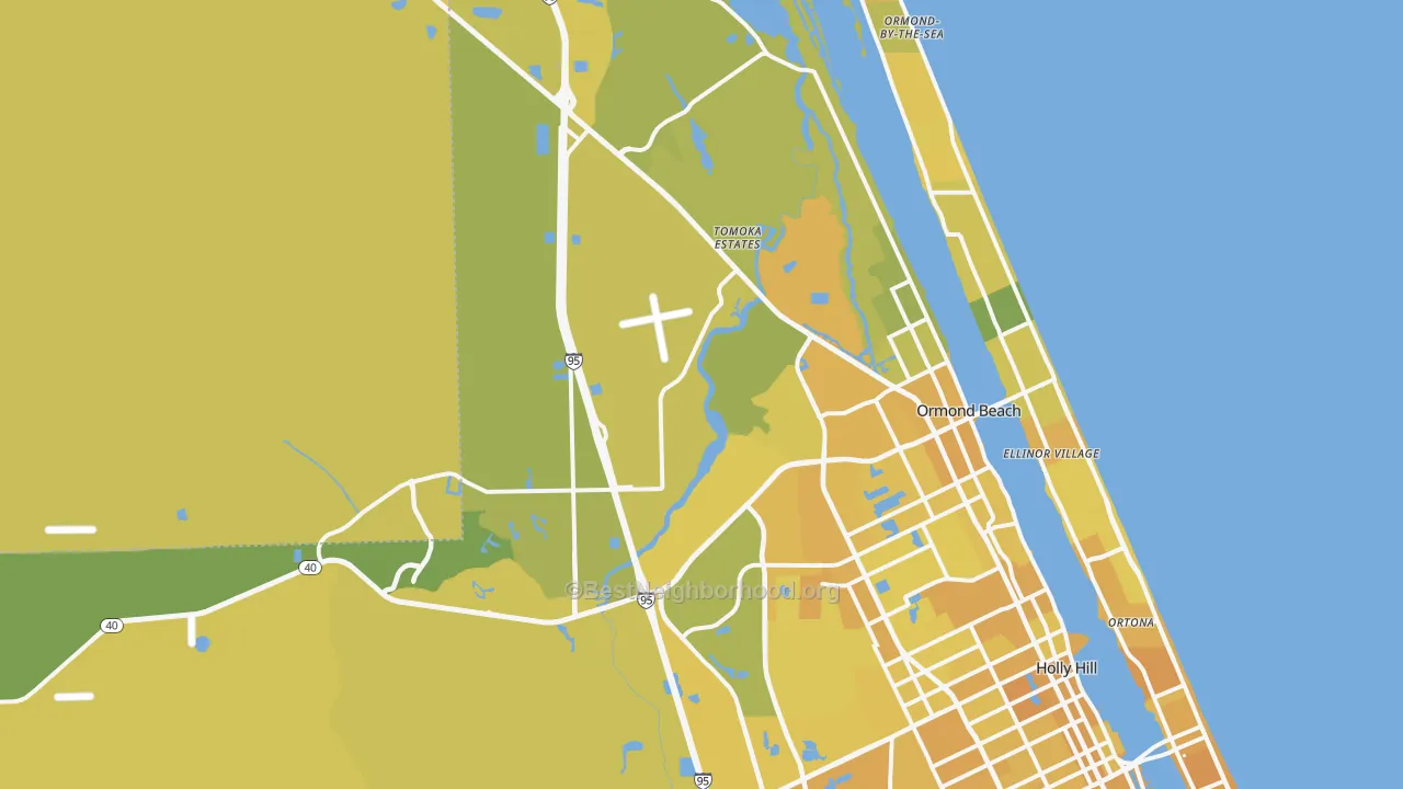 Map of the best neighborhoods in the 32174 area, with better matches in green and worse matches in red