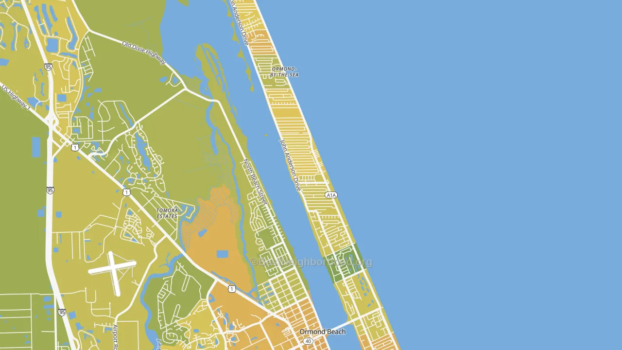 Map of the best neighborhoods in the 32176 area, with better matches in green and worse matches in red
