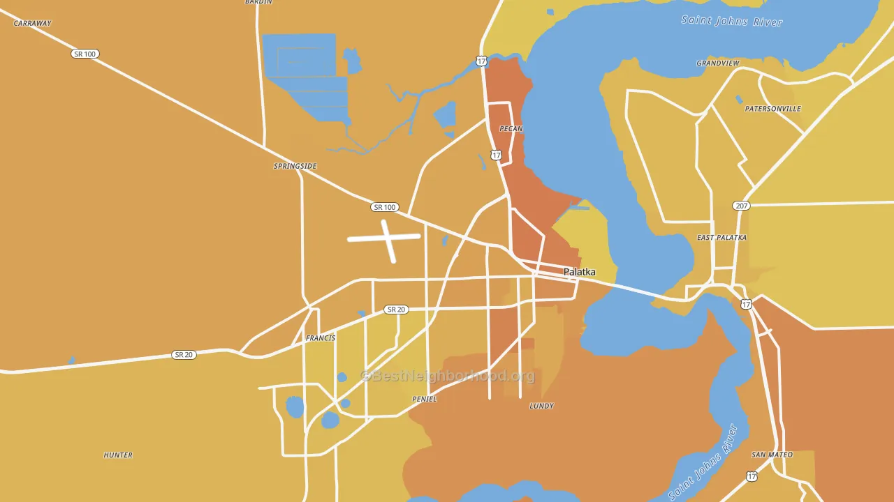 Map of the best neighborhoods in the 32177 area, with better matches in green and worse matches in red