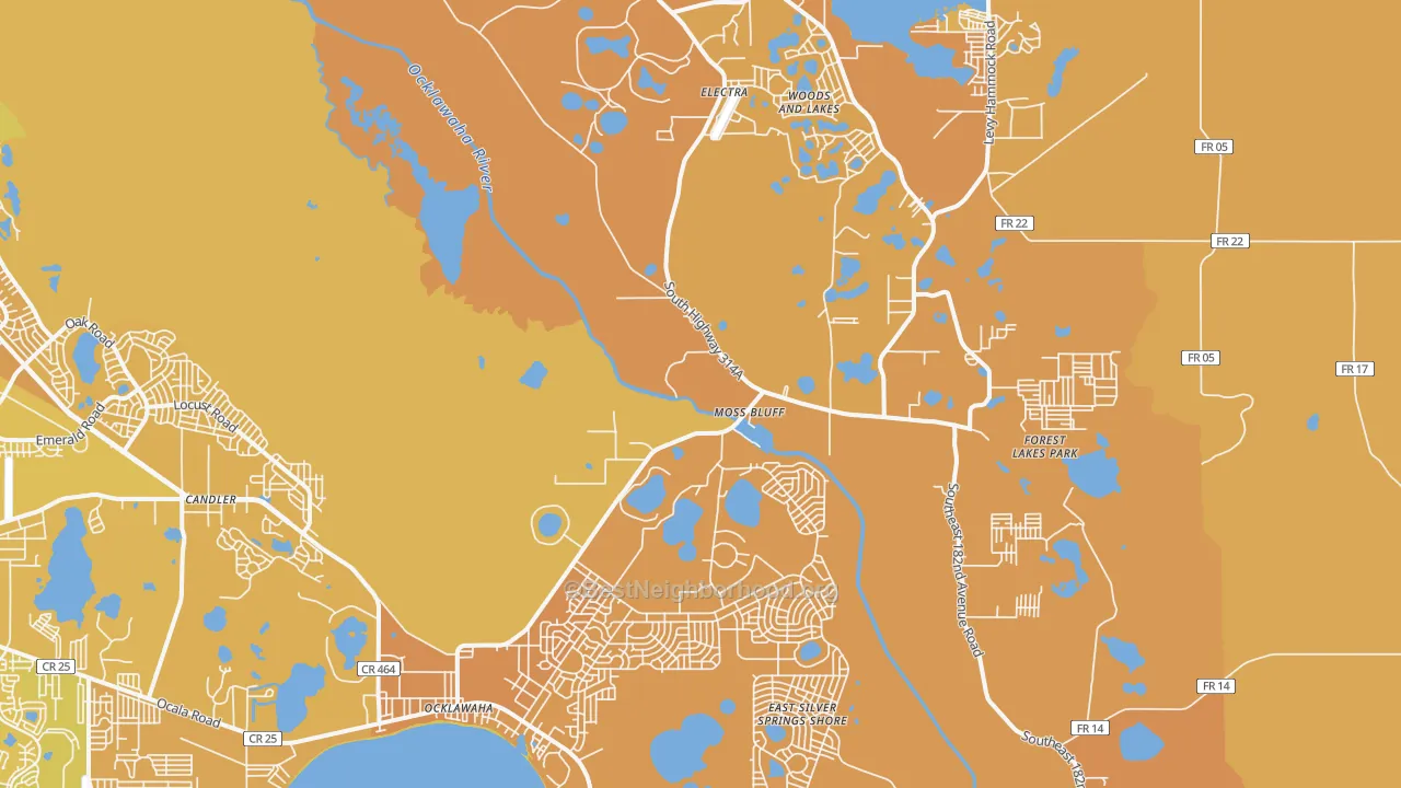 Map of the best neighborhoods in the 32179 area, with better matches in green and worse matches in red