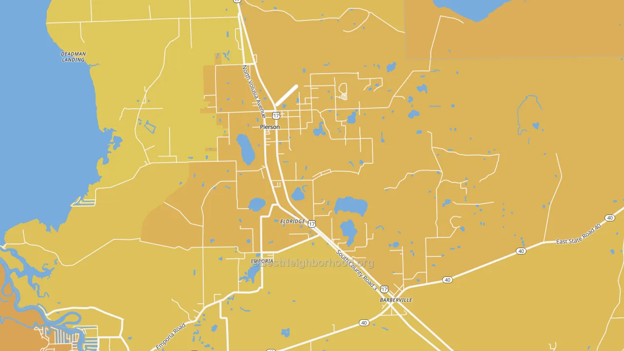 Map of the best neighborhoods in the 32180 area, with better matches in green and worse matches in red