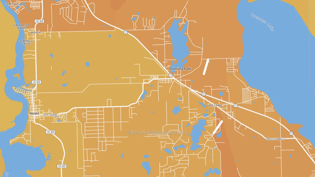 Map of the best neighborhoods in the 32181 area, with better matches in green and worse matches in red
