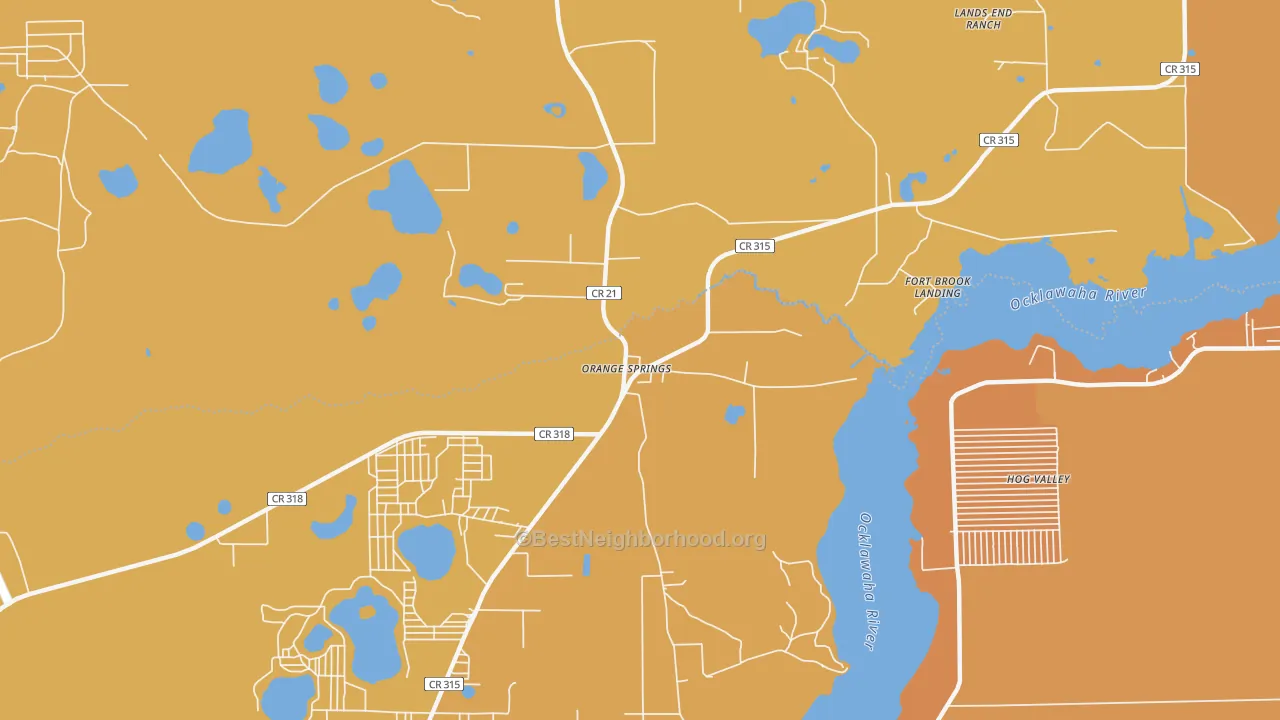 Map of the best neighborhoods in the 32182 area, with better matches in green and worse matches in red