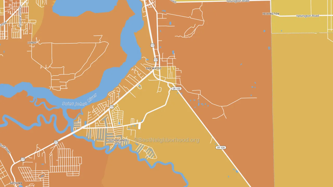 Map of the best neighborhoods in the 32187 area, with better matches in green and worse matches in red