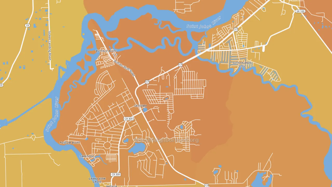 Map of the best neighborhoods in the 32189 area, with better matches in green and worse matches in red