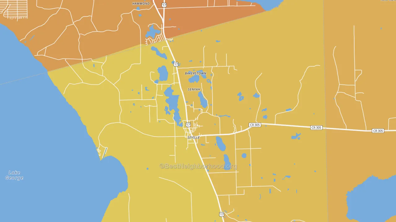 Map of the best neighborhoods in the 32190 area, with better matches in green and worse matches in red
