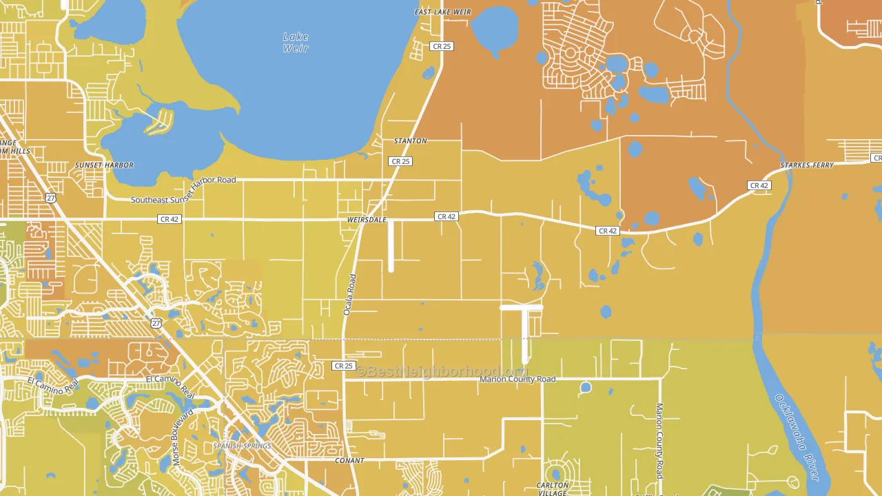 Map of the best neighborhoods in the 32195 area, with better matches in green and worse matches in red