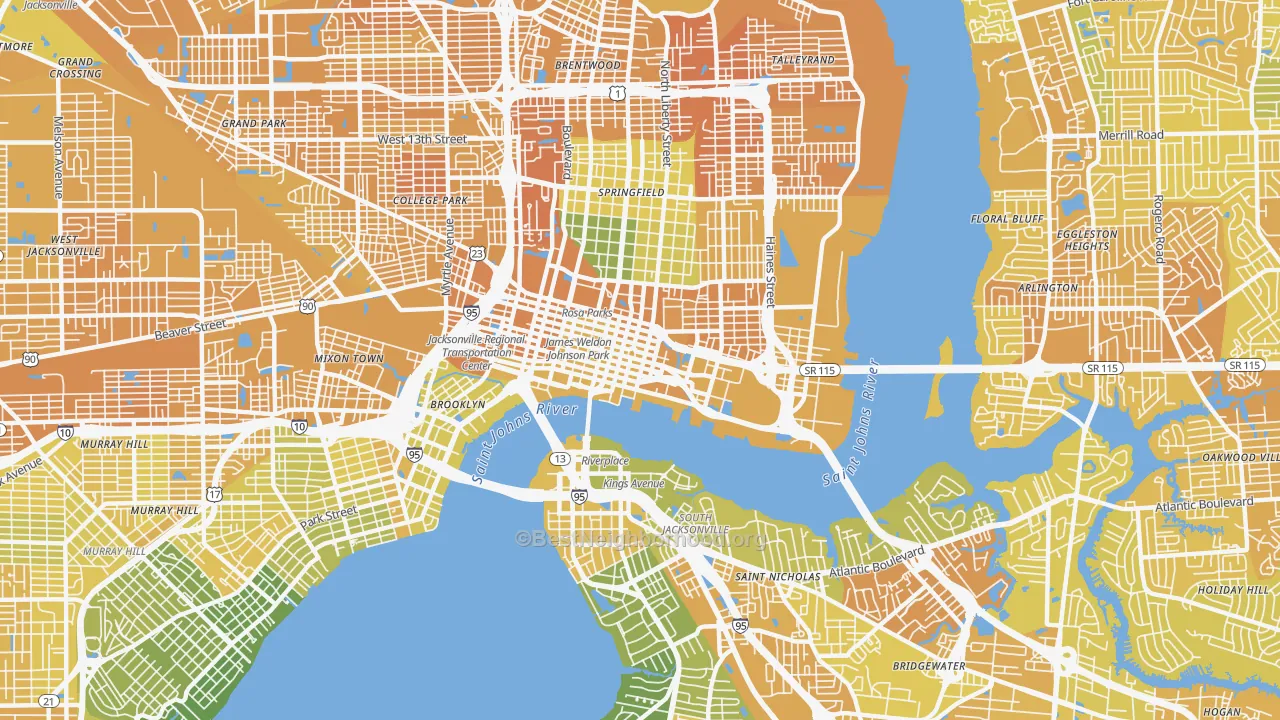Map of the best neighborhoods in the 32202 area, with better matches in green and worse matches in red