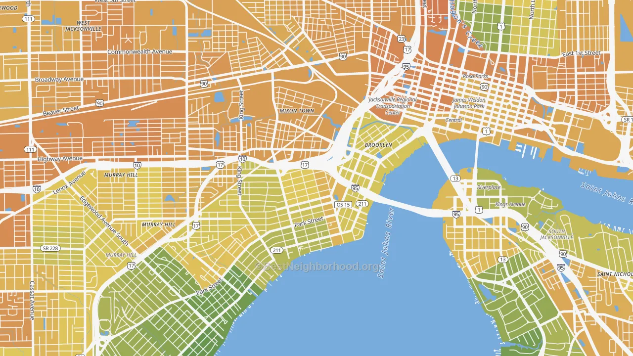 Map of the best neighborhoods in the 32204 area, with better matches in green and worse matches in red