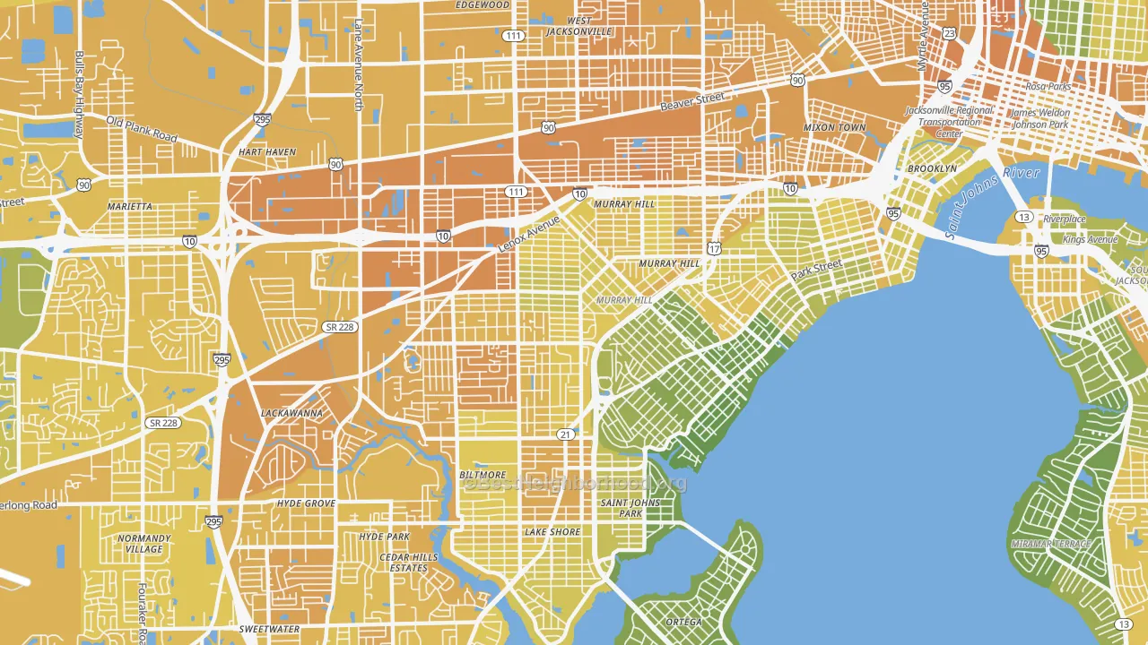 Map of the best neighborhoods in the 32205 area, with better matches in green and worse matches in red