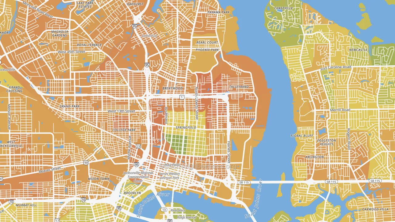 Map of the best neighborhoods in the 32206 area, with better matches in green and worse matches in red