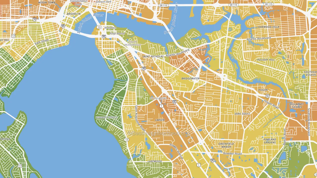 Map of the best neighborhoods in the 32207 area, with better matches in green and worse matches in red