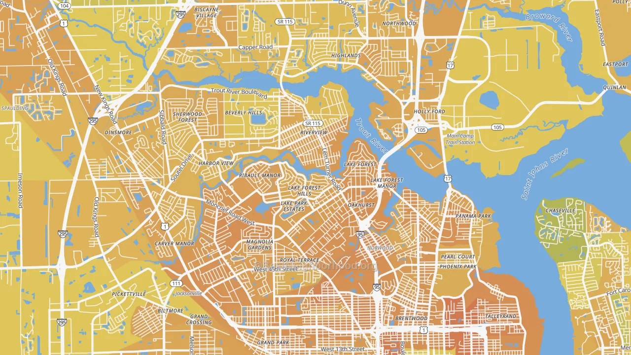Map of the best neighborhoods in the 32208 area, with better matches in green and worse matches in red