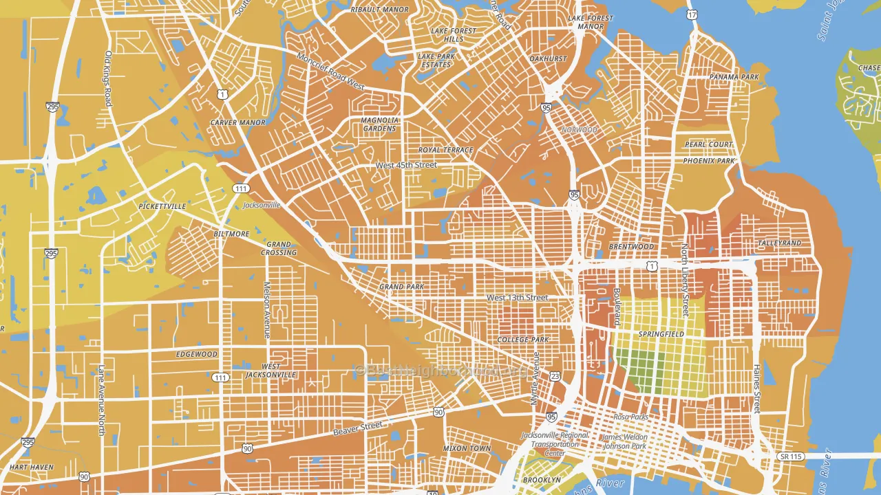 Map of the best neighborhoods in the 32209 area, with better matches in green and worse matches in red