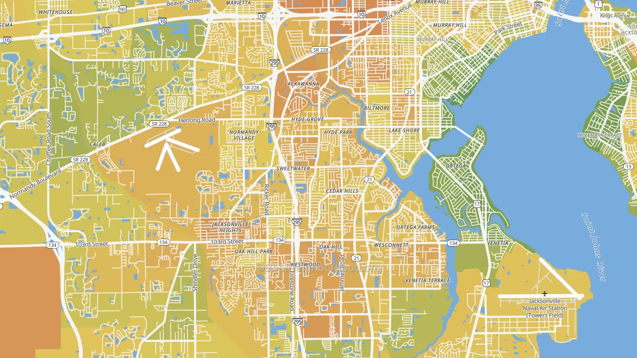 Map of the best neighborhoods in the 32210 area, with better matches in green and worse matches in red
