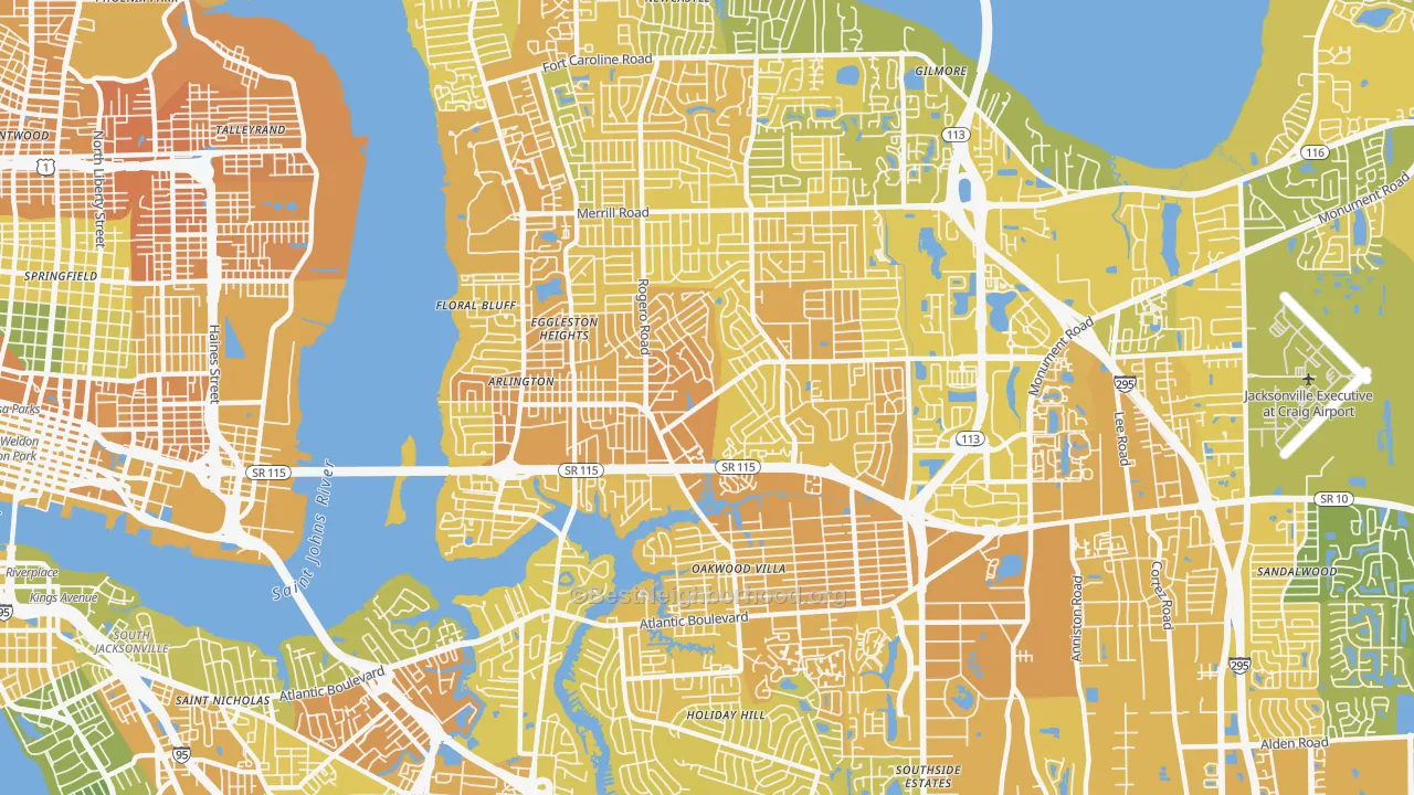 Map of the best neighborhoods in the 32211 area, with better matches in green and worse matches in red