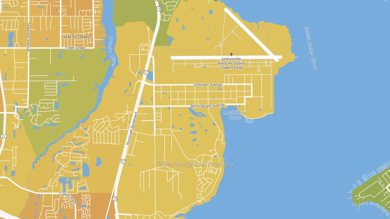Map of the best neighborhoods in the 32212 area, with better matches in green and worse matches in red