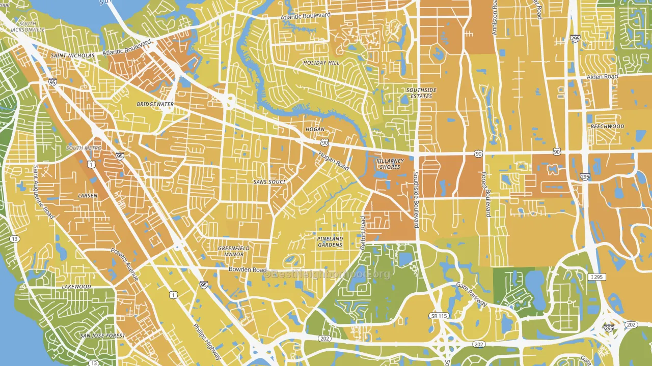 Map of the best neighborhoods in the 32216 area, with better matches in green and worse matches in red