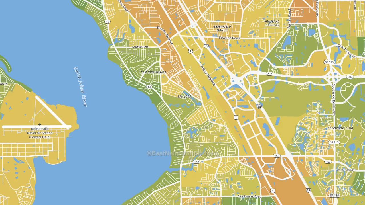 Map of the best neighborhoods in the 32217 area, with better matches in green and worse matches in red