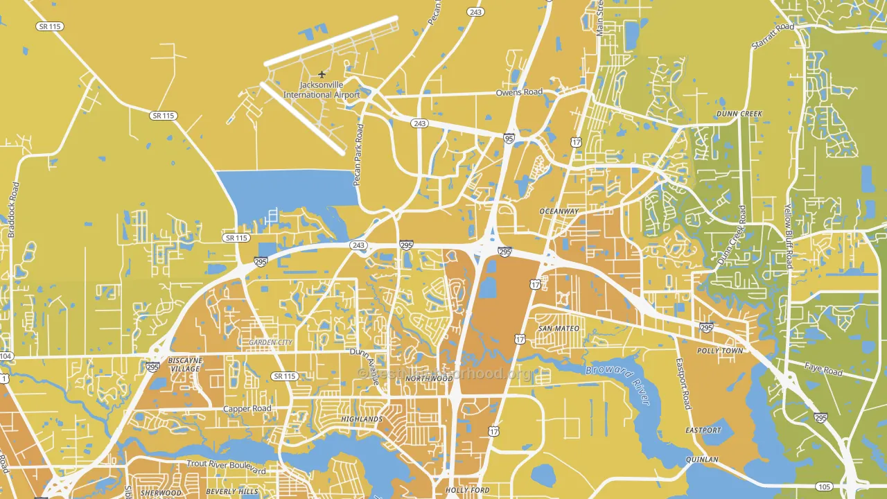 Map of the best neighborhoods in the 32218 area, with better matches in green and worse matches in red