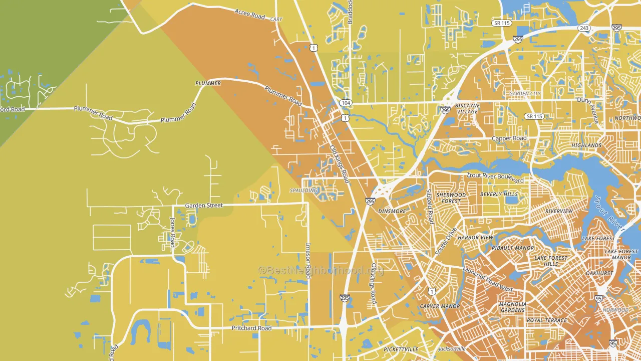 Map of the best neighborhoods in the 32219 area, with better matches in green and worse matches in red