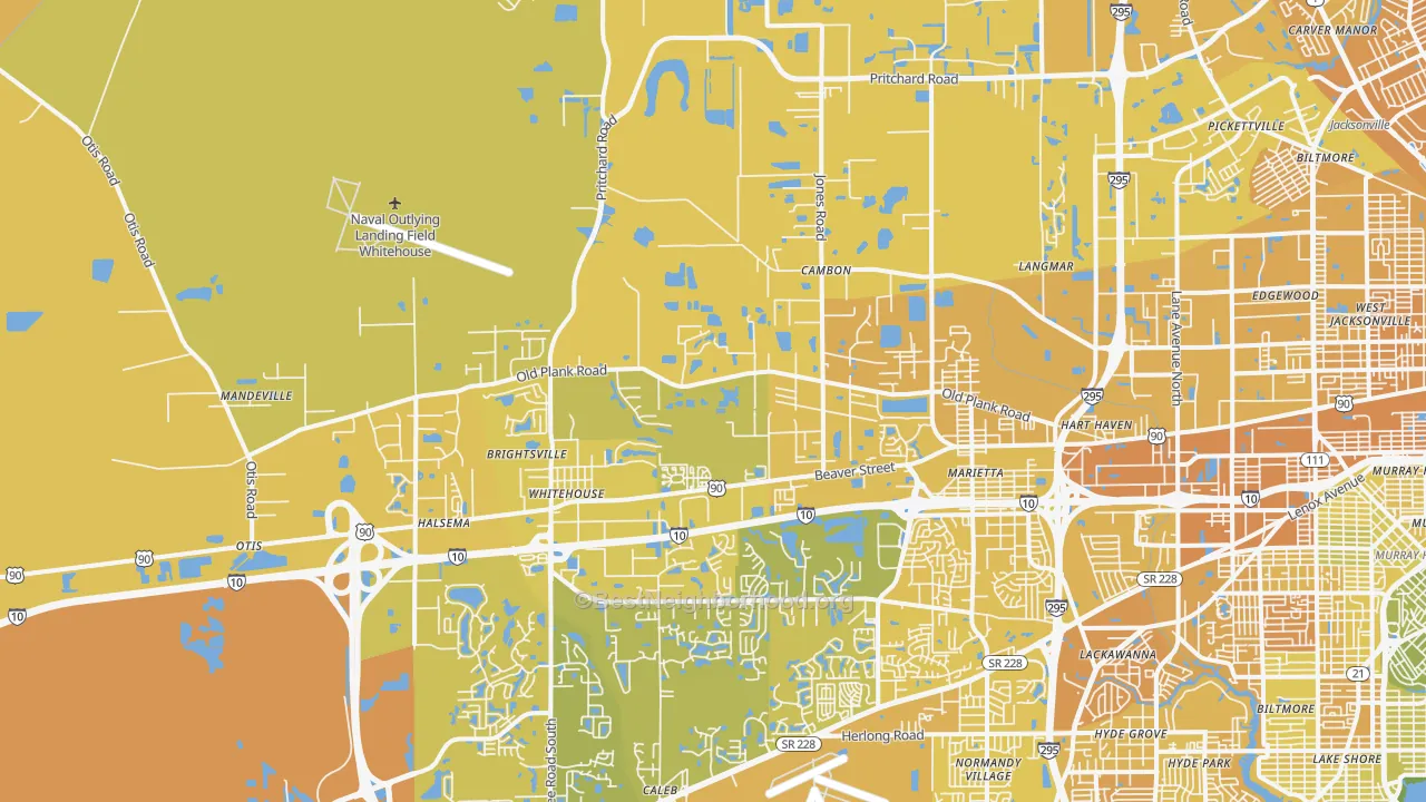 Map of the best neighborhoods in the 32220 area, with better matches in green and worse matches in red