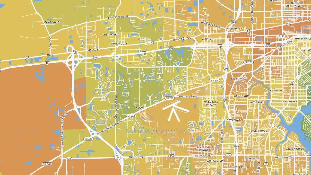 Map of the best neighborhoods in the 32221 area, with better matches in green and worse matches in red