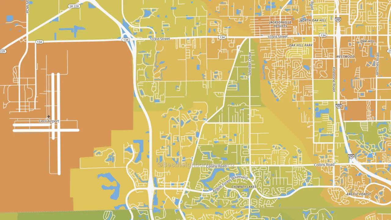 Map of the best neighborhoods in the 32222 area, with better matches in green and worse matches in red