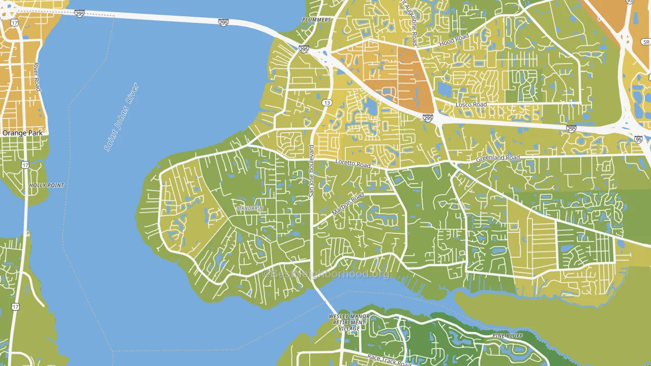 Map of the best neighborhoods in the 32223 area, with better matches in green and worse matches in red