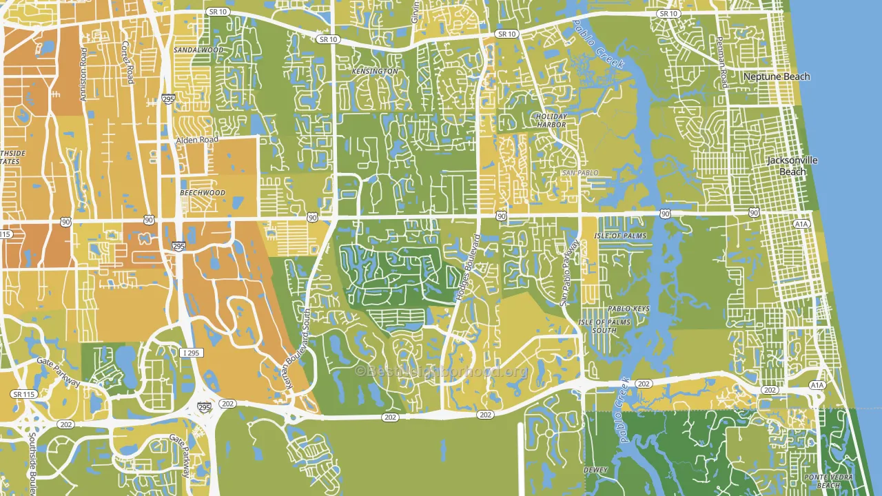Map of the best neighborhoods in the 32224 area, with better matches in green and worse matches in red