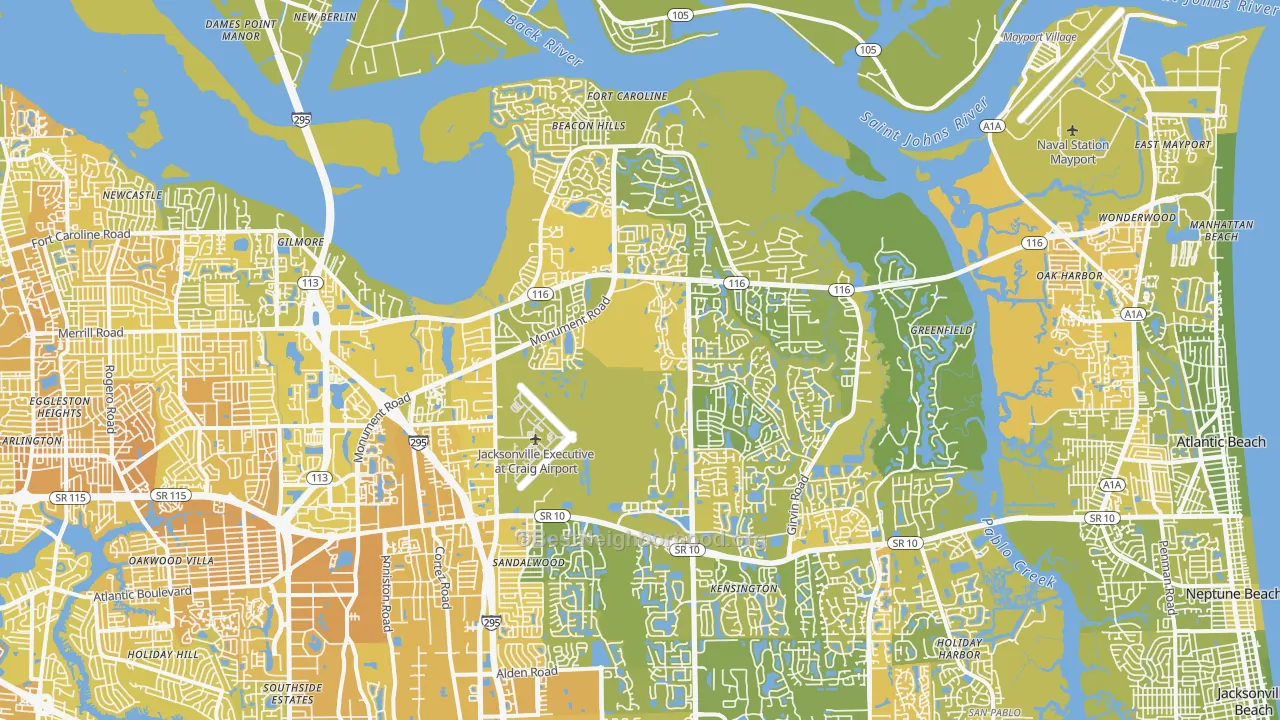 Map of the best neighborhoods in the 32225 area, with better matches in green and worse matches in red