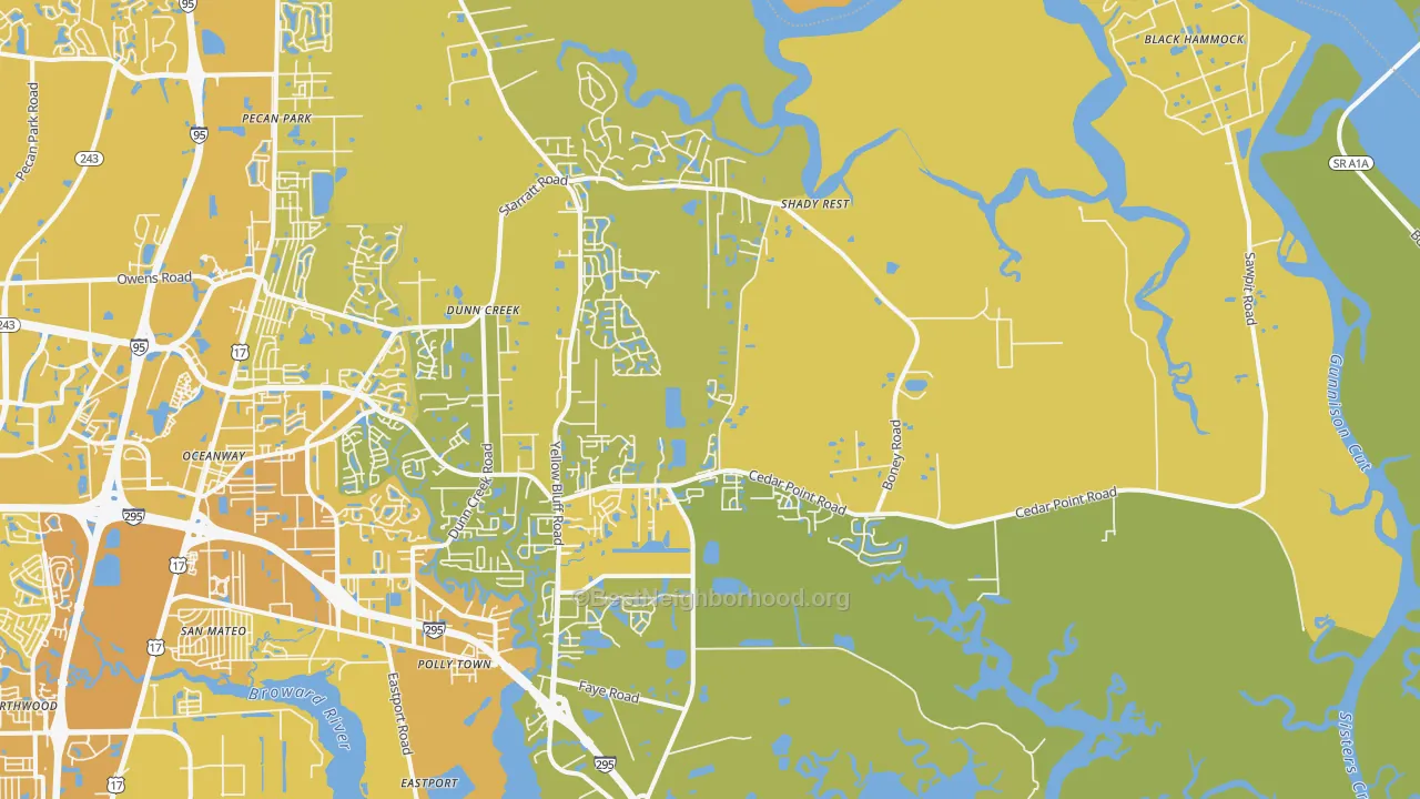 Map of the best neighborhoods in the 32226 area, with better matches in green and worse matches in red