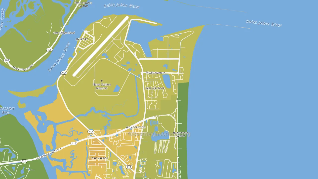 Map of the best neighborhoods in the 32227 area, with better matches in green and worse matches in red