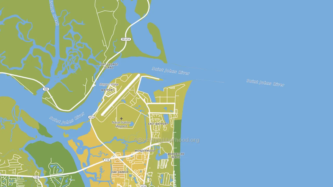 Map of the best neighborhoods in the 32228 area, with better matches in green and worse matches in red