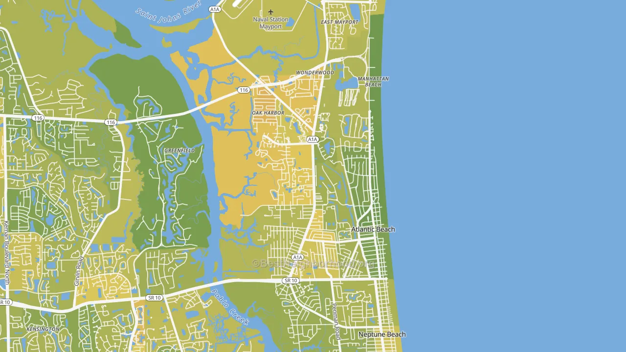 Map of the best neighborhoods in the 32233 area, with better matches in green and worse matches in red