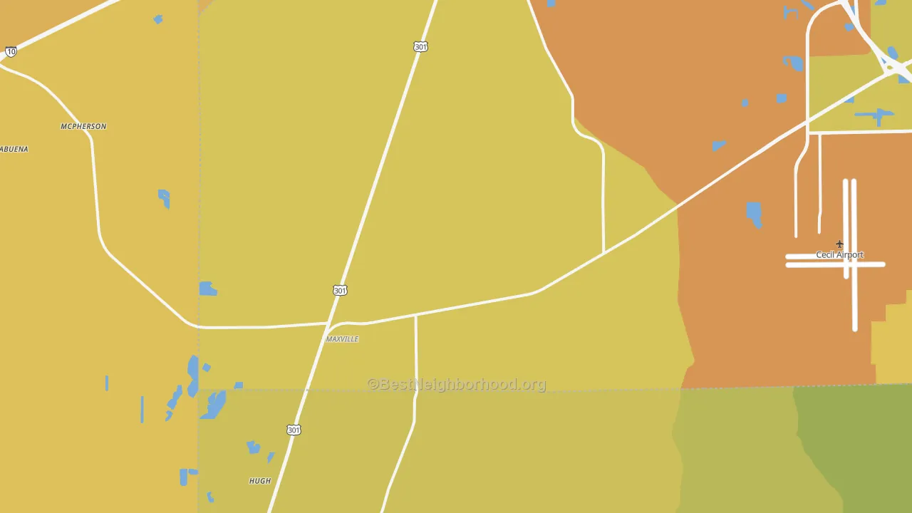 Map of the best neighborhoods in the 32234 area, with better matches in green and worse matches in red