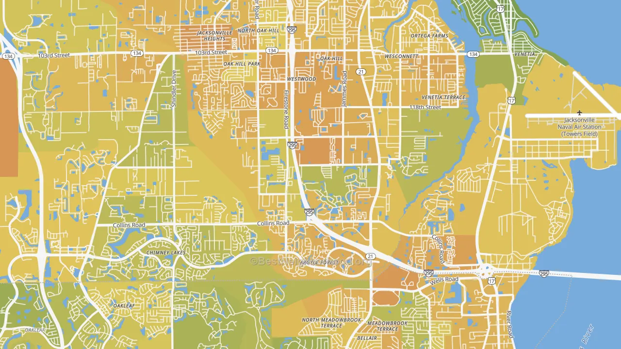 Map of the best neighborhoods in the 32244 area, with better matches in green and worse matches in red