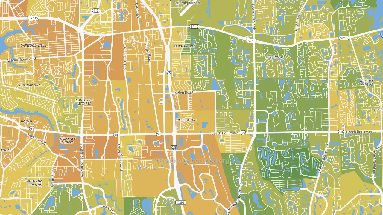 Map of the best neighborhoods in the 32246 area, with better matches in green and worse matches in red