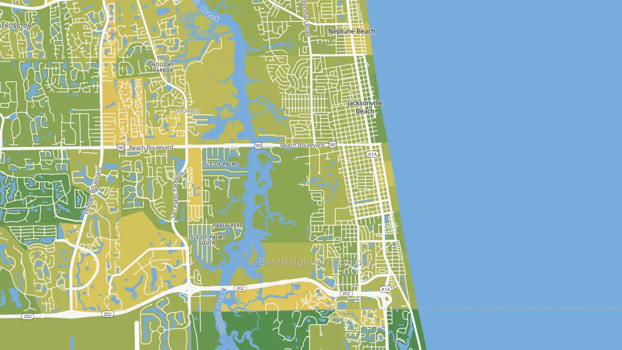 Map of the best neighborhoods in the 32250 area, with better matches in green and worse matches in red