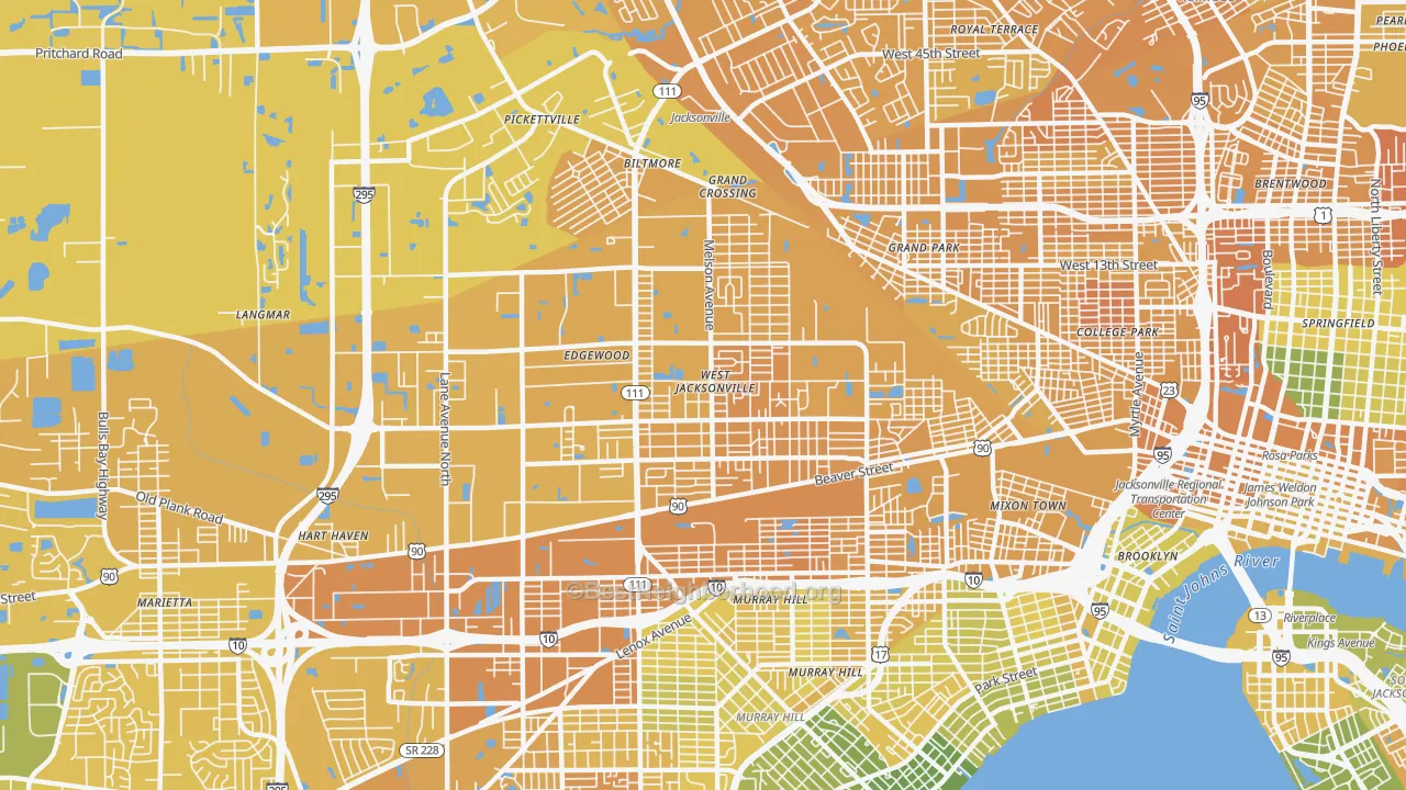 Map of the best neighborhoods in the 32254 area, with better matches in green and worse matches in red