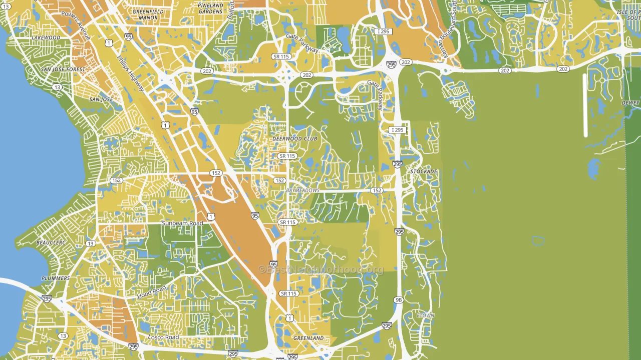 Map of the best neighborhoods in the 32256 area, with better matches in green and worse matches in red