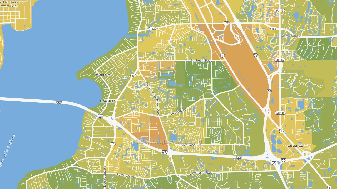Map of the best neighborhoods in the 32257 area, with better matches in green and worse matches in red